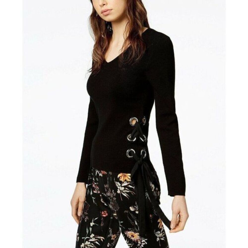 BAR III Black Fitted Stretch Lace Up Knit Shirt Sz Small NEW‎